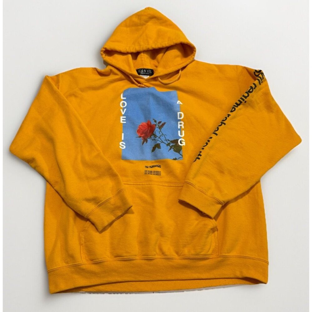 CIVIL REGIME Hoodie Mens Large Yellow Love is a Drug Rebel Youth Sweatshirt
